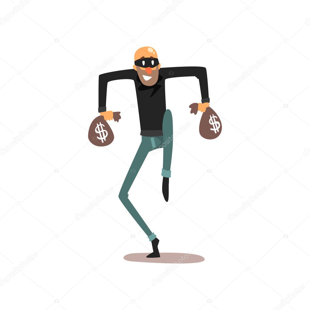 Thief sneaking with money bags, robber cartoon character committing crime vector Illustration on a white background