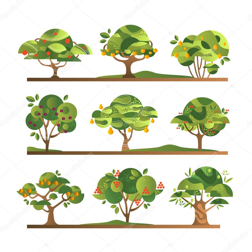 Different fruit trees set, apple, orange, lemon, pear, rowan, apricot, plum, cherry tree with ripe fruits vector Illustrations isolated on a white background.