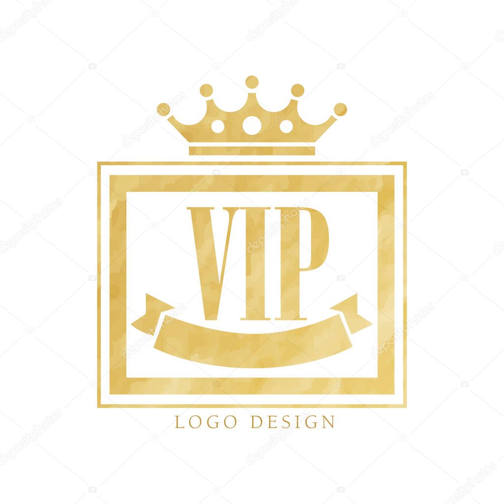 VIP club logo design, luxury golden elegant badge for resort, boutique, restaurant, hotel vector Illustration isolated on a white background.