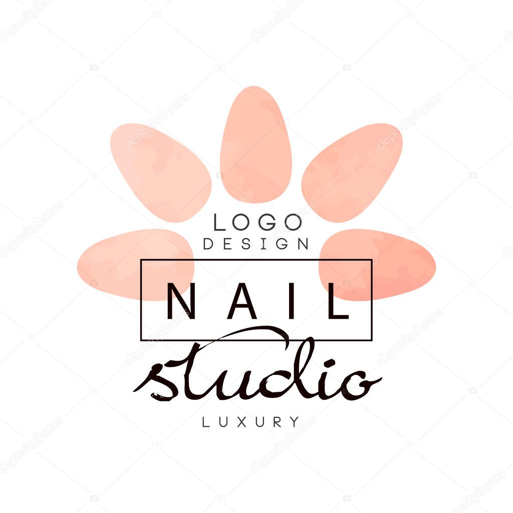 Nail luxury studio logo, design element for nail bar, manicure saloon, manicurist technician vector Illustration isolated on a white background.