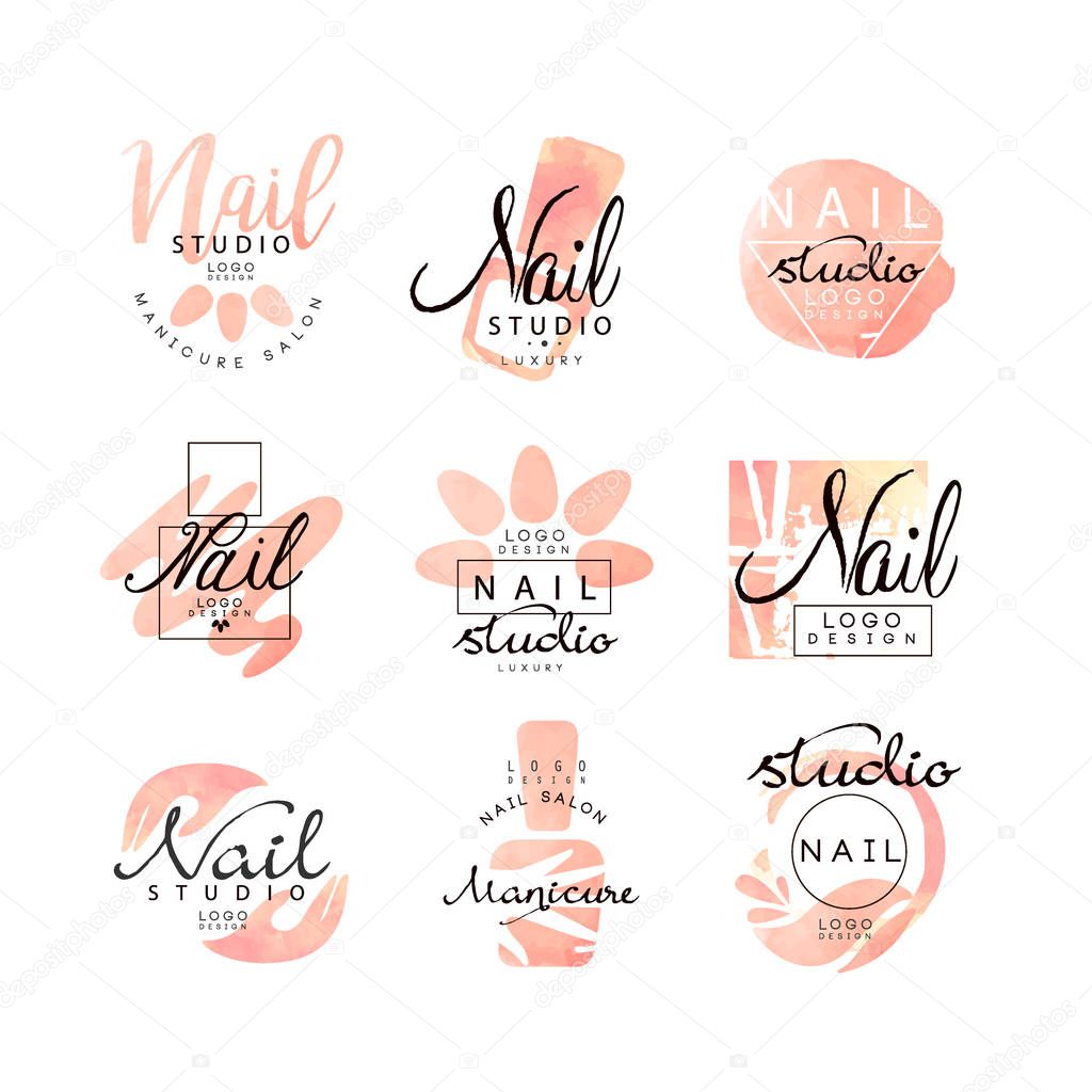 Manicure nail studio logo design set, creative templates for nail bar, beauty saloon, manicurist technician vector Illustrations isolated on a white background.