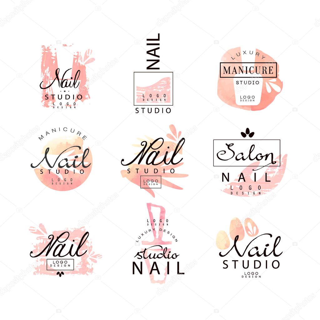 Nail studio logo design set, creative templates for nail bar, beauty saloon, manicurist technician vector Illustrations isolated on a white background.