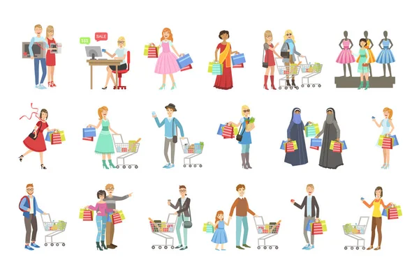 Pessoas que compram roupas e mercearia brilhante cor dos desenhos animados estilo simples Flat Vector — Vetor de Stock