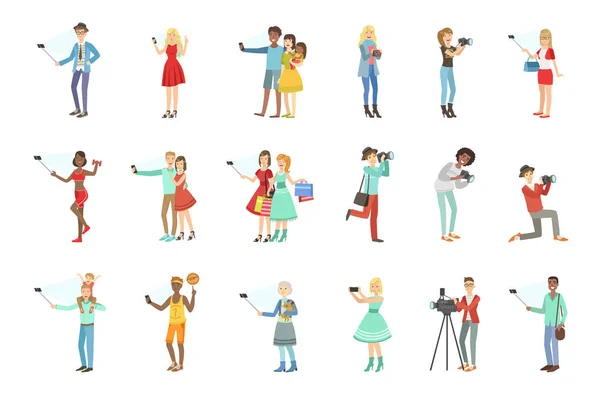 People Taking Picture With Selfie Stick Set Of Illustrations — Stock Vector