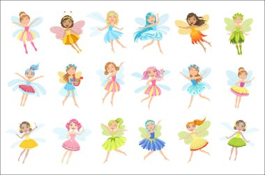 Cute Fairies In Pretty Dresses Girly Cartoon Characters Set clipart