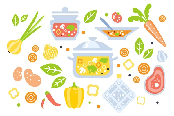 Набор ингредиентов для приготовления супа. Плоский примитивный графический стиль коллекция кухонных принадлежностей и овощей — стоковый вектор