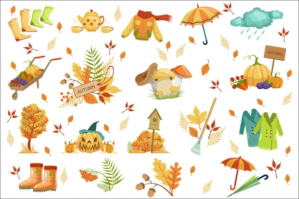 Conjunto de asociados con objetos de otoño. Símbolos estacionales en lindo estilo de dibujos animados detallados — Archivo Imágenes Vectoriales