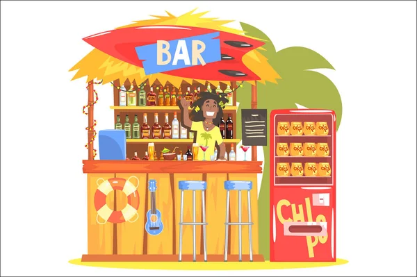 Beach Bar In Tropical Style Design With Smiling Resta Barman — Stock Vector