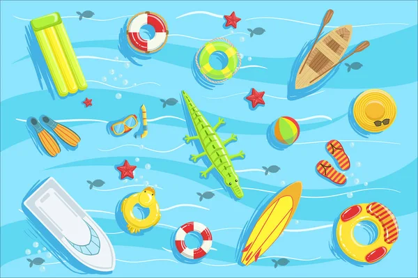 Water Toys And Water Sports Objects And Boats From Above Illustration. Bright Color Summer Vacation Related Collection Of Objects Detailed Drawing.