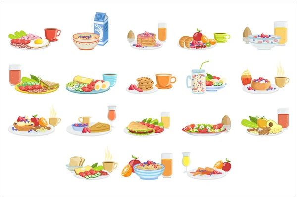Comida de pequeno-almoço diferente e conjuntos de bebidas. Coleção de placas de menu da manhã ilustrações em detalhes simples — Vetor de Stock