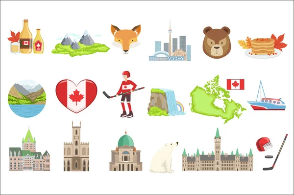 Καναδική εθνικά σύμβολα σύνολο στοιχείων. Απομονωμένα αντικείμενα που αντιπροσωπεύουν Canad — Διανυσματικό Αρχείο