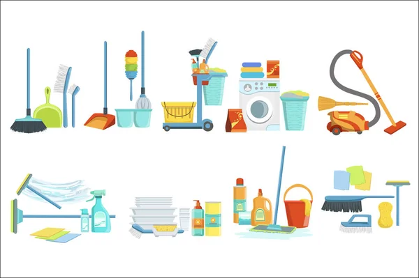 Nettoyage des ensembles d'équipement ménager. Nettoyer les objets spéciaux et les produits chimiques Compositions Collection d'objets réalistes. Dessins vectoriels plats — Image vectorielle
