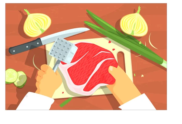 Cooking Of Steak Bright Color Illustrations. Tangan yang Bekerja pada Tampilan Persiapan Pangan Dari Atas Gambar - Stok Vektor