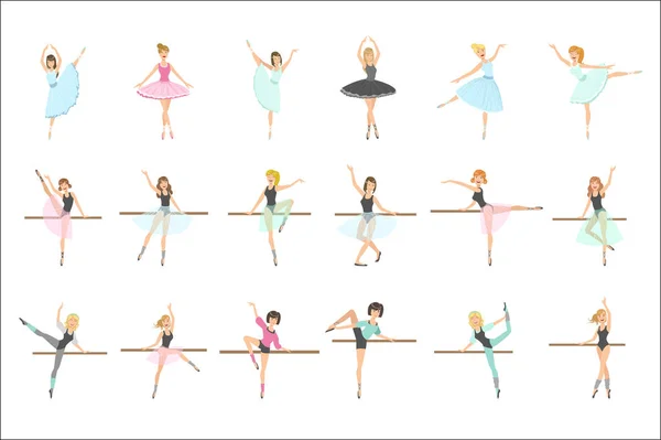 Treinamento de bailarinas no conjunto de aulas de dança de estilo infantil simplificado plano Ilustrações de vetores bonitos isolados —  Vetores de Stock