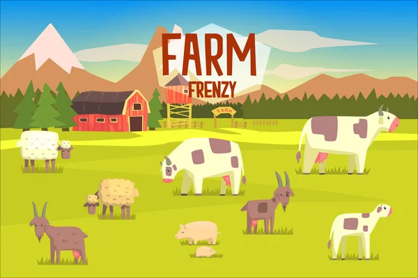 Ilustração de frenesi de fazenda com campo cheio de animais — Vetor de Stock