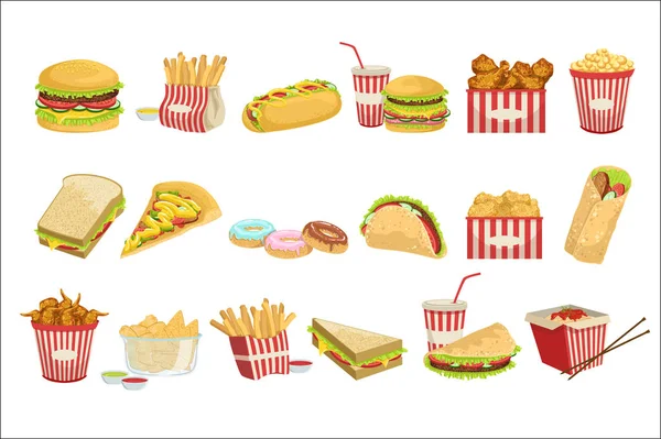 Menu Fast Food Elementi Illustrazioni dettagliate realistiche — Vettoriale Stock
