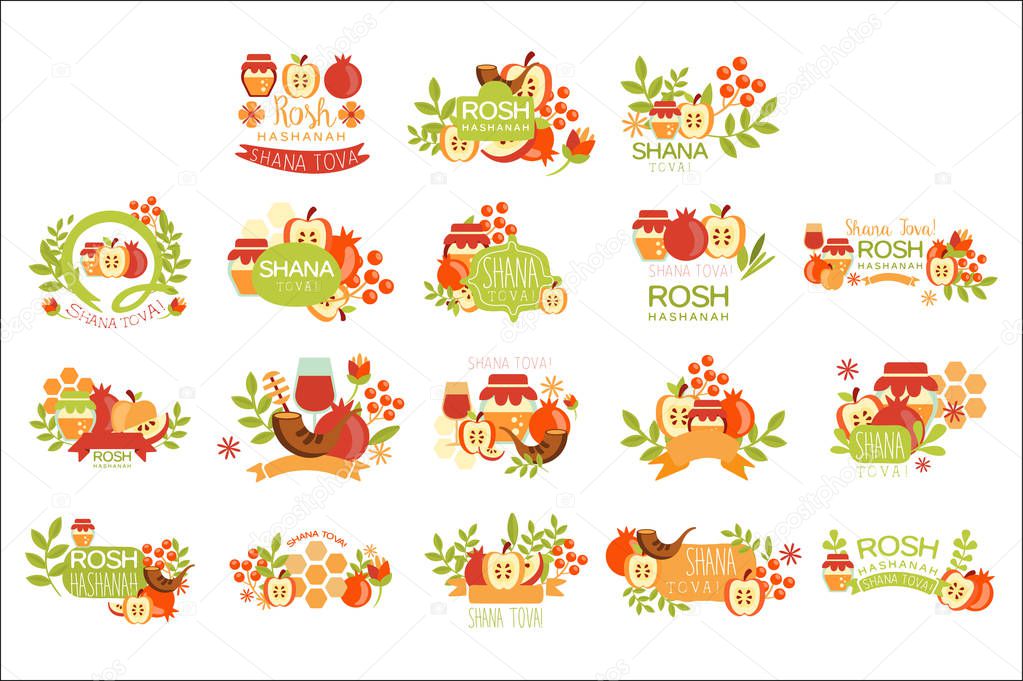 Rosh Hashanah Bright Postcard Labels Set Of Designs. Colorful Simple Holiday Logo Collection With Traditional Symbols And Hebrew Text.