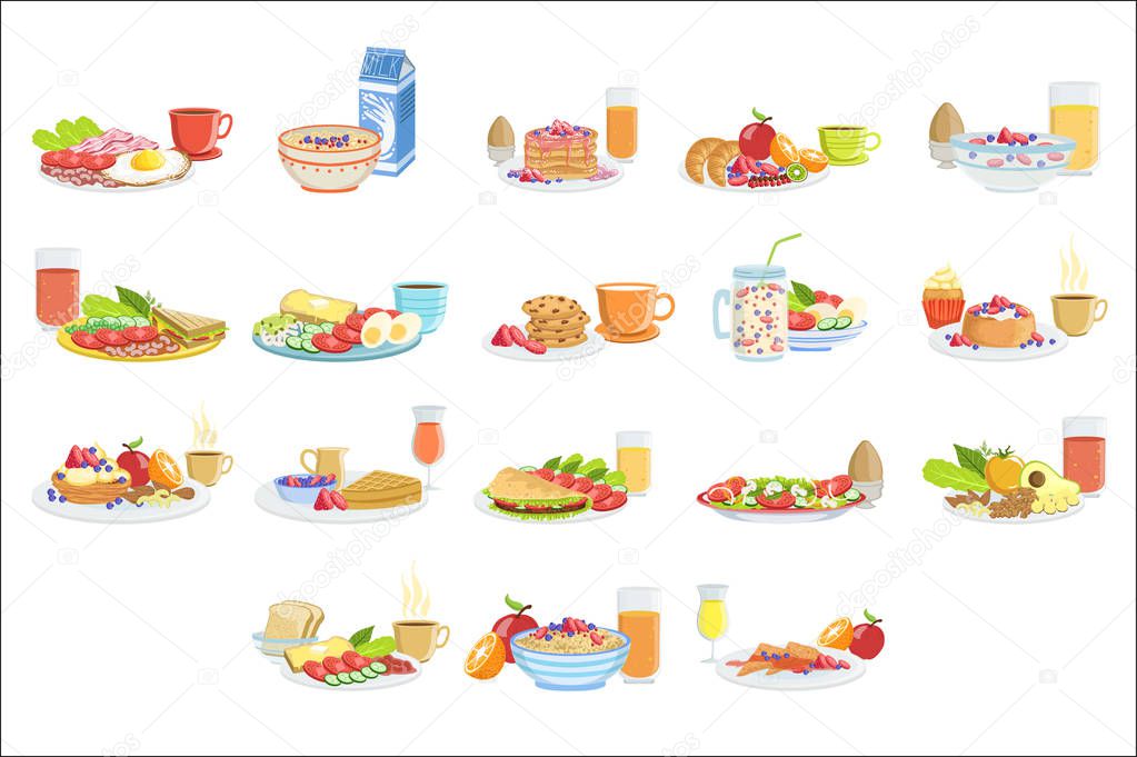 Different Breakfast Food And Drink Sets. Collection Of Morning Menu Plates Illustrations In Detailed Simple