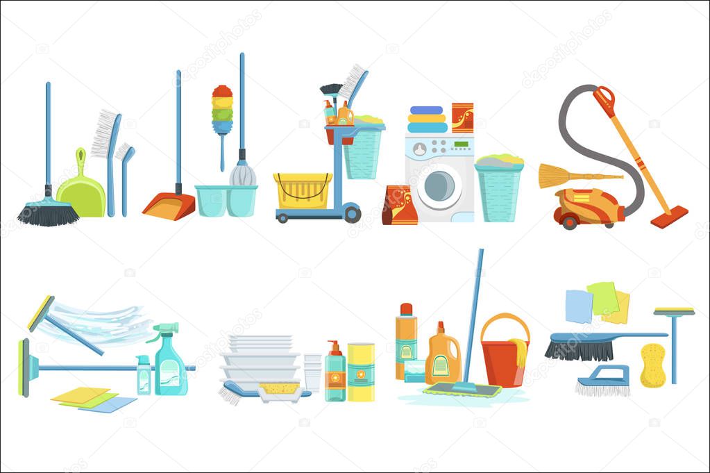 Cleaning Household Equipment Sets. Clean Up Special Objects And Chemicals Compositions Collection Of Realistic Objects. Flat Vector Drawings