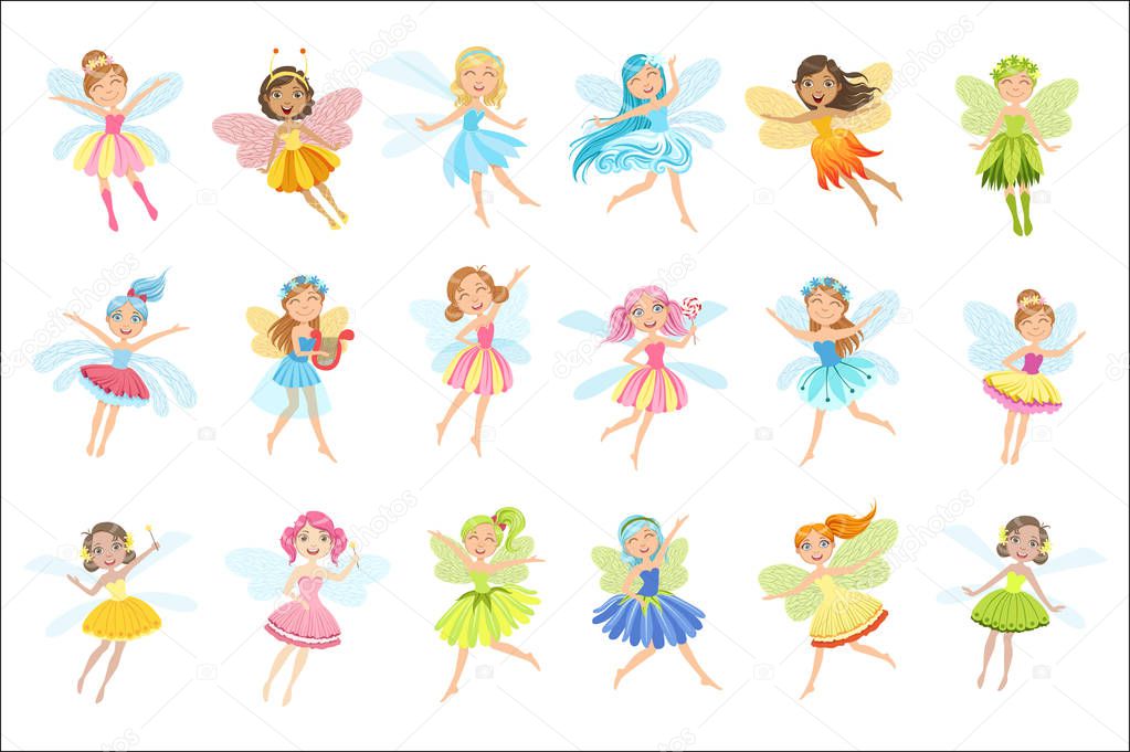 Cute Fairies In Pretty Dresses Girly Cartoon Characters Set