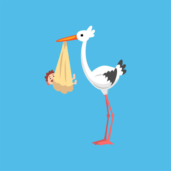 White stork delivering a newborn baby, stork with a bundle, template for baby shower banner, invitation, poster, greeting card vector Illustration