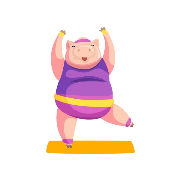 Yoga egzersiz spor üniforma, sportif hayvan karakter, fitness ve sağlıklı yaşam vektör çizimler beyaz bir arka plan üzerinde pratik şirin domuz — Stok Vektör