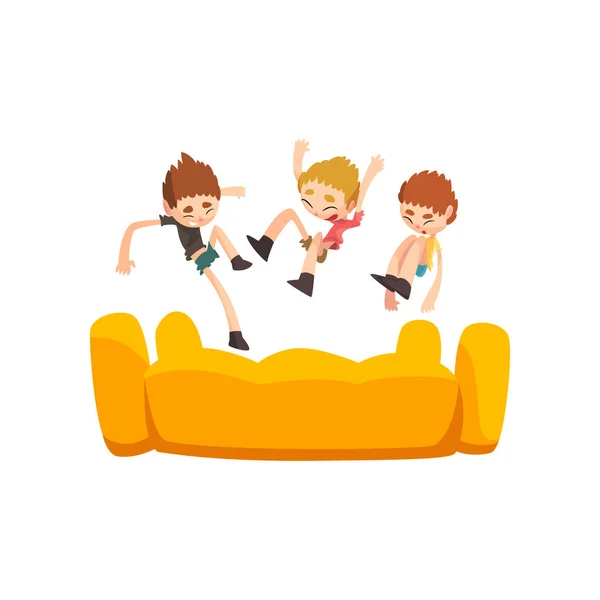 Niños felices saltando sobre trampolín inflable vector Ilustración sobre un fondo blanco — Archivo Imágenes Vectoriales