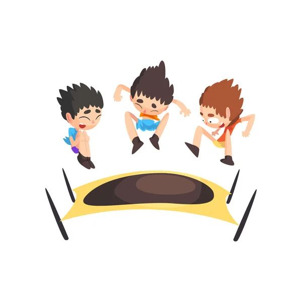 Boys jumping on trampoline, bouncing kids having fun on trampoline vector Illustration on a white background — Stock Vector