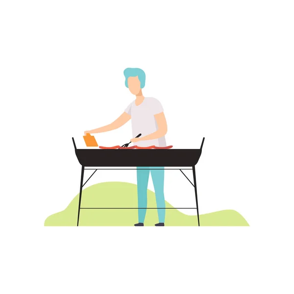 Joven cocinando barbacoa en la parrilla vector al aire libre Ilustración sobre un fondo blanco — Vector de stock