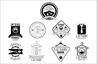 Çamaşırhane ve Kuru Temizleme Servisi siyah beyaz etiket kümesi