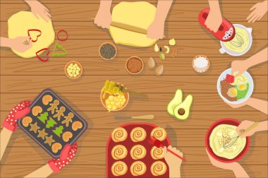 İnsanlar yemek pasta ve diğer gıda birlikte görünüm yukarıdan