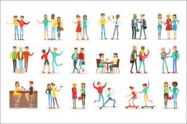 Birlikte iyi vakit geçiriyor, çıkıyor ve arkadaşlık temalı illüstrasyonlar kümesi konuşmak mutlu arkadaşlarım