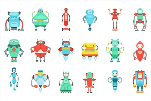 다른 귀여운 환상적인 로봇 문자 집합입니다. 밝은 색상 유치 한 만화 디자인 안 드 로이드 — 스톡 벡터