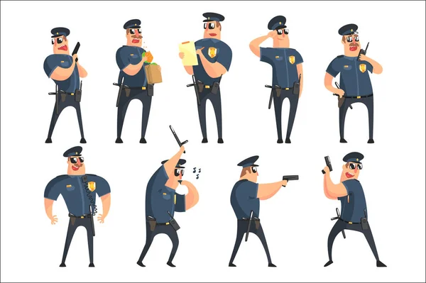 Αμερικανός αστυνομικός σύνολο αστείους χαρακτήρες. Γελοιογραφία διασκεδαστικό στυλ εικονογραφήσεις φορέα απομονωμένες — Διανυσματικό Αρχείο