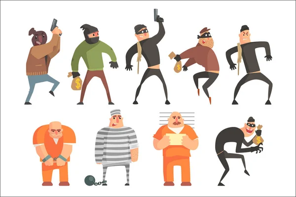 Criminosos e condenados Personagens engraçados Set. Desenhos animados Divertidos Estilo Vetor Ilustrações Isoladas —  Vetores de Stock