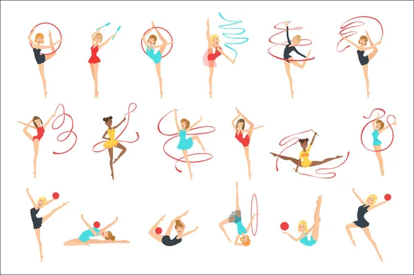 Тренировки художественных гимнастов с различными аппаратами из плоского упрощенного детского стиля милые векторные иллюстрации — стоковый вектор
