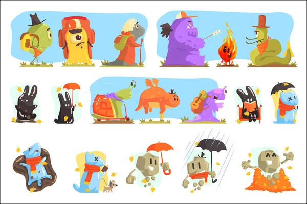 Monstres Randonnées pédestres et camping. Créatures funky personnages colorés avec la marche à l'extérieur — Image vectorielle