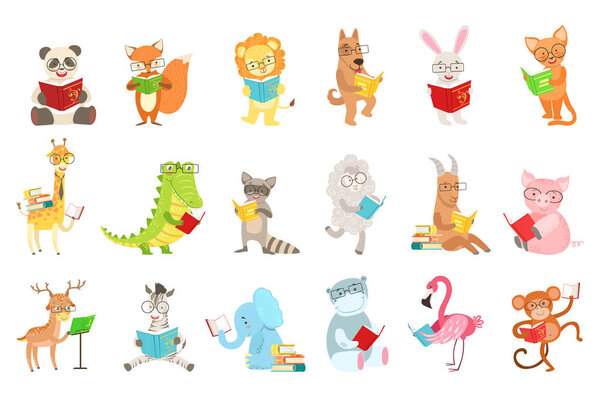 Cute Animal Characters Reading Books Set