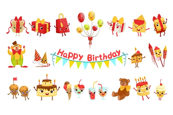 Cute Birthday Party Celebration Related Objects Characters Set — Stock Vector