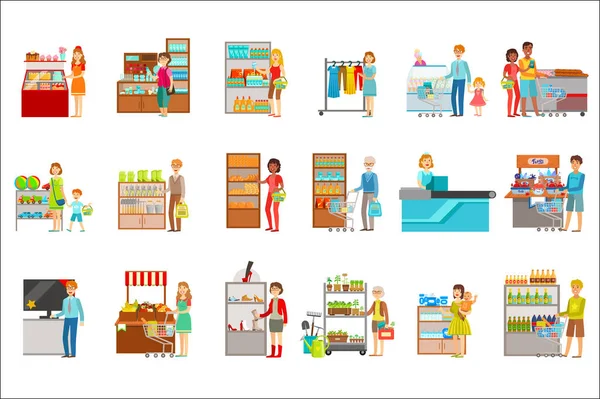 People Shopping In Department Store Set Of Illustrations — Stock Vector