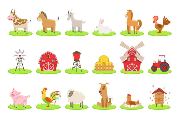 Set di animali e oggetti associati alla fattoria — Vettoriale Stock