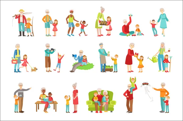 Abuelos y niños pasan tiempo juntos Conjunto de ilustraciones — Vector de stock