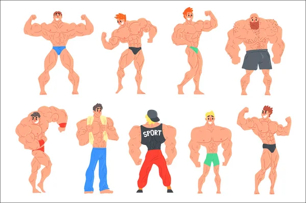 Muscly Bodybuilders Funny Characters Set — Stock Vector
