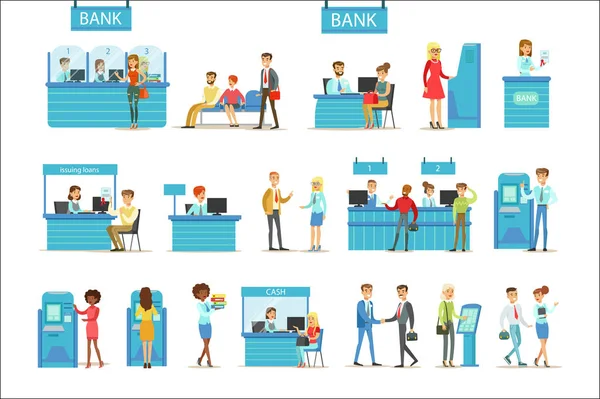 Banka hizmet uzmanları ve istemciler farklı mali işler danışmanlığı, Atm para çekme manipülasyon diğer iş kümesi resimler — Stok Vektör