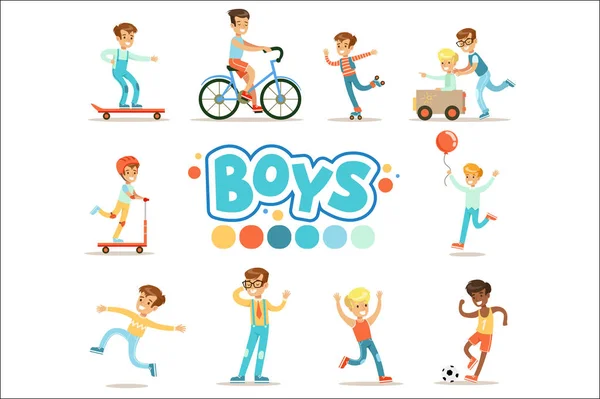 Gelukkige jongens en hun verwachte klassieke gedrag met actieve spelletjes Sport praktijken Set van traditionele mannelijke Kid rol illustraties — Stockvector