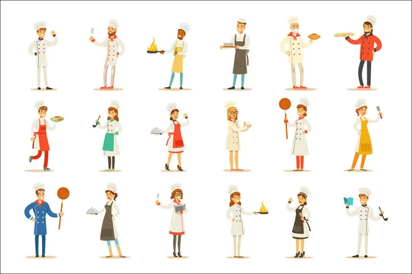 Chefs de cocina profesionales que trabajan en REstaurant con el clásico conjunto de uniformes blancos tradicionales de personajes de dibujos animados — Archivo Imágenes Vectoriales