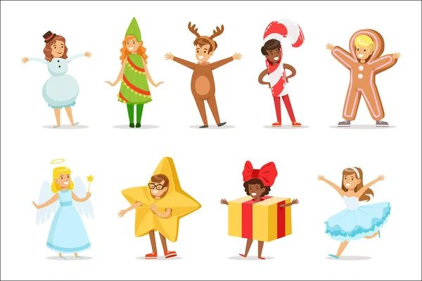 Gyermekek öltözött téli ünnepek szimbólumok a jelmez karácsony farsangi Party — Stock Vector