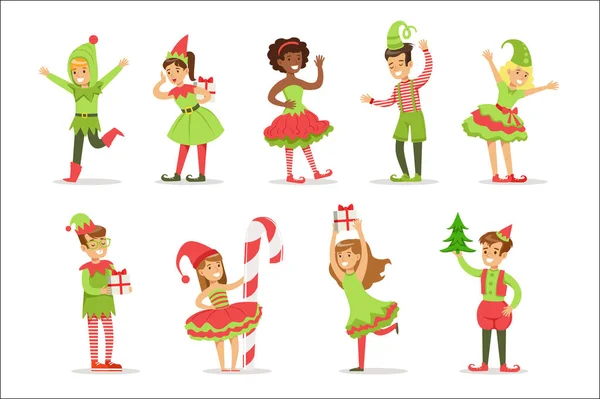 Children Dressed As Santa Claus Christmas Elves For The Costume Holiday Carnival Party — Stock Vector