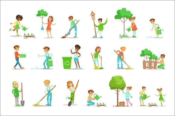 Barn hjälper i miljövänliga Trädgårdsskötsel, plantera träd, städa upp utomhus, återvinning sopor och vattning groddar — Stock vektor