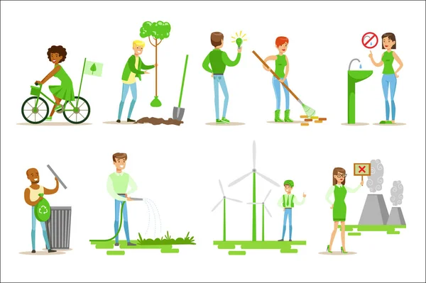 Men And Women Contributing Into Environment Preservation By Using Eco-Friendly Energy And Recycling Illustrations From People And Ecology Set — Stock Vector